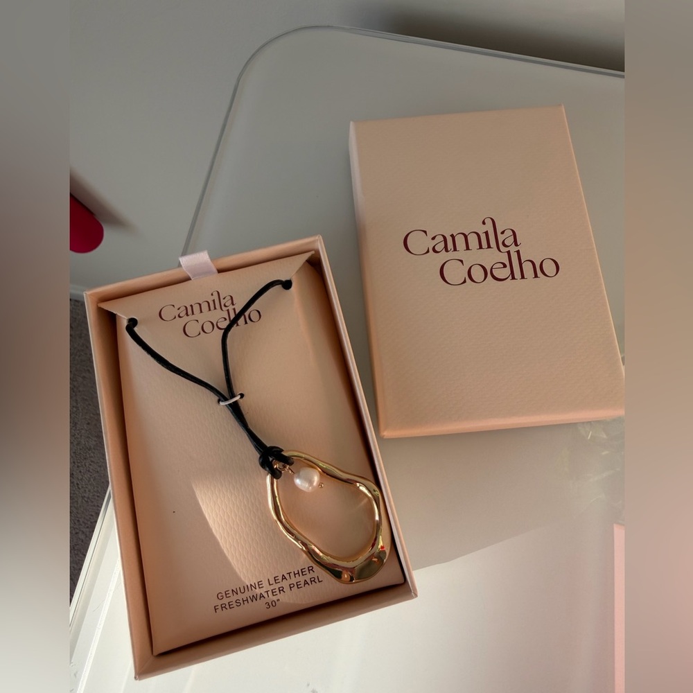 Camila Coelho Gold Pearl Pendant leather Necklace